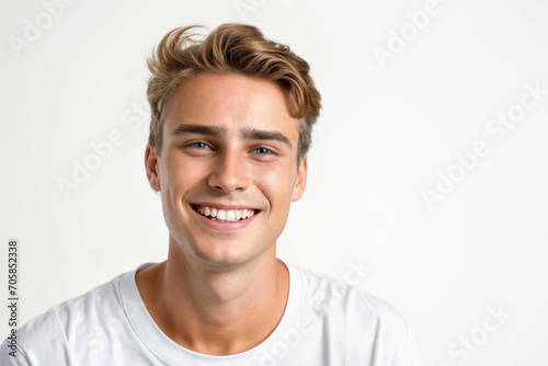 A bright and engaging studio portrait of a young white American male model, showcasing a joyful smile with perfect teeth, casual yet stylish attire © bluebeat76