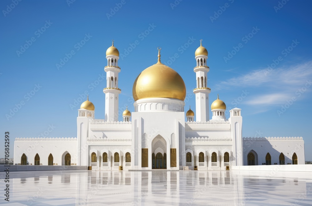 Obraz premium Mosque Largest Masjid with a bright atmosphere and blue sky, Ramadan Eid Concept background, Arabic Letter means