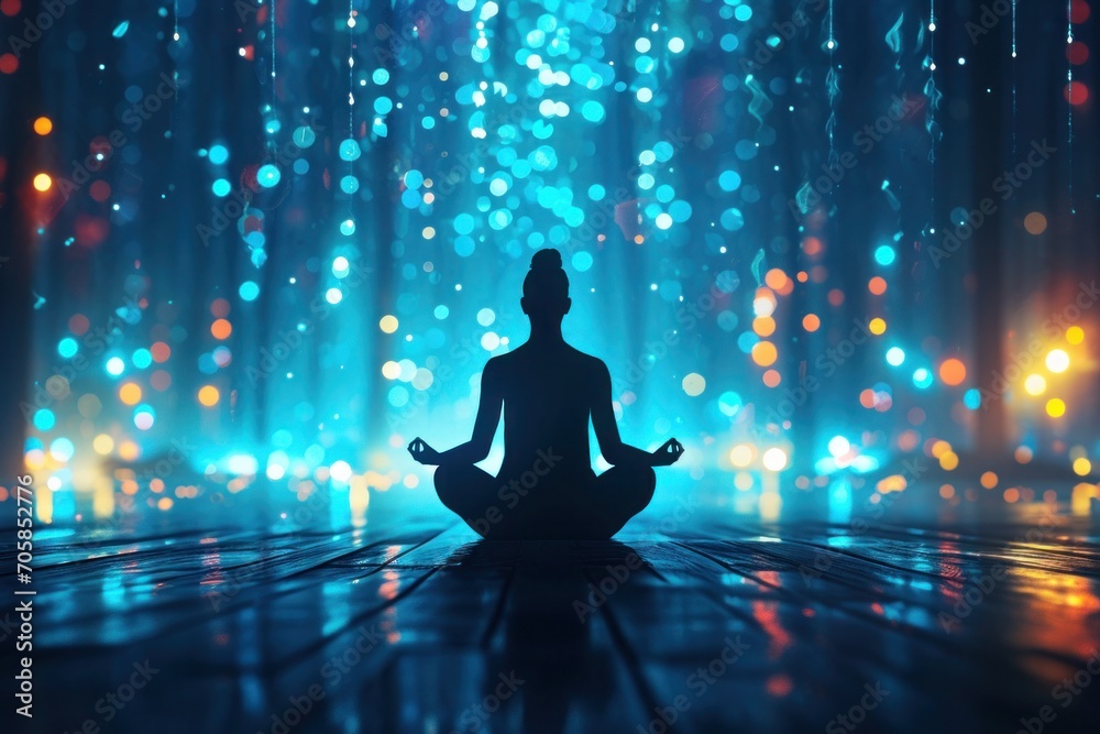 Spiritual solitude with a backdrop of astral lights and universal peace, a meditative figure surrounded by ethereal lights Spiritual solitude with a backdrop of astral lights and universal peace, a meditative figure surrounded by ethereal lights
