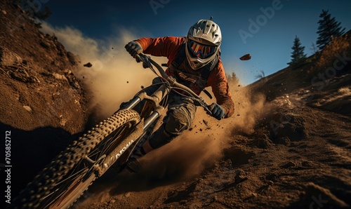 Close up, low angle view of mountain biker on a dusty road, downhill, extreme sports