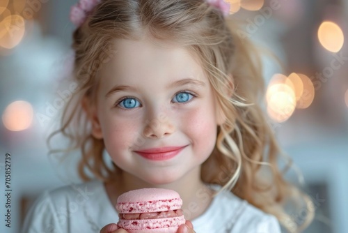 A little girl with blue eyes holds a pink macaron with delight, a small girl smiling and holding pastel-colored strawberry macaron photo