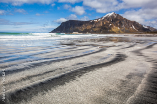 Sandy beach on Lofoten islands during a sunny day , Norway