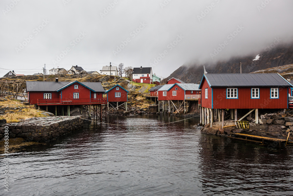 Fototapeta premium Famous red houses in A village on Lofoten islands, Norway