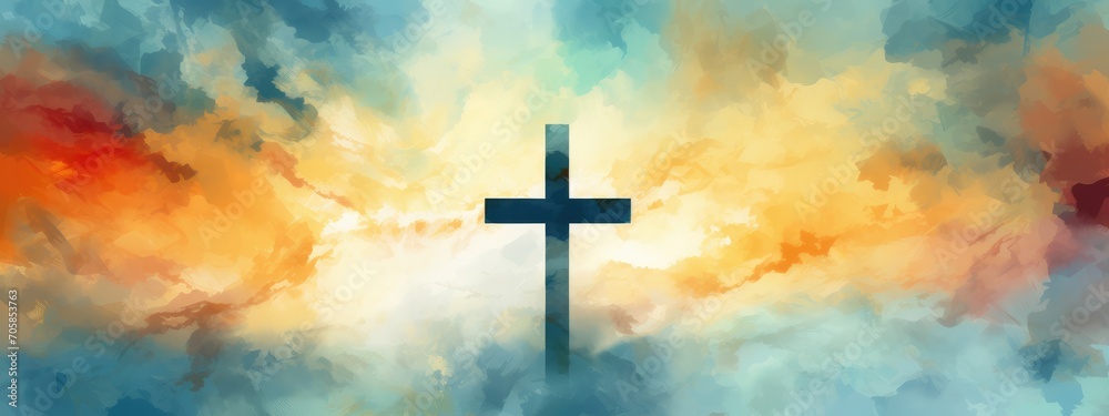 Vibrant Expression of Faith: A Digital Artistic Rendition of the Cross at Sunset - Generative AI