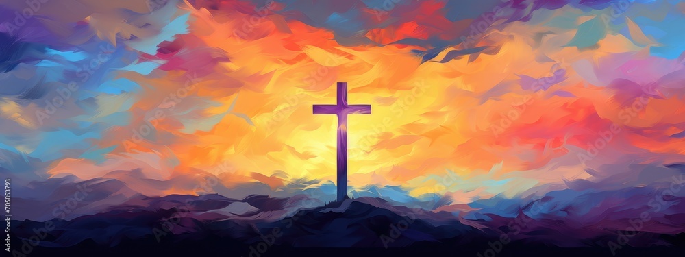 Vibrant Expression of Faith: A Digital Artistic Rendition of the Cross at Sunset - Generative AI - obrazy, fototapety, plakaty 