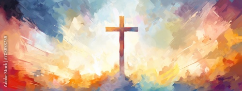 Vibrant Expression of Faith: A Digital Artistic Rendition of the Cross at Sunset - Generative AI