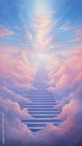 Delicate airy stairway goes to the sky to the light, delicate pastel colors, airy light clouds, stairway to the clouds