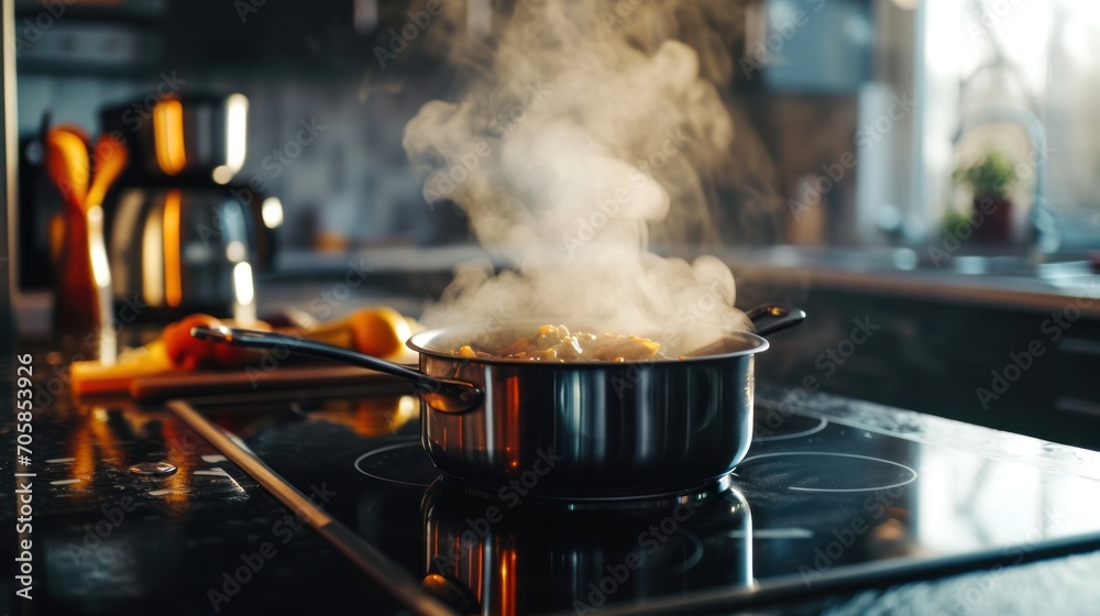 Steam rises from a hot meal in a cozy kitchen setting. Steam rises from a hot meal in a cozy kitchen setting.