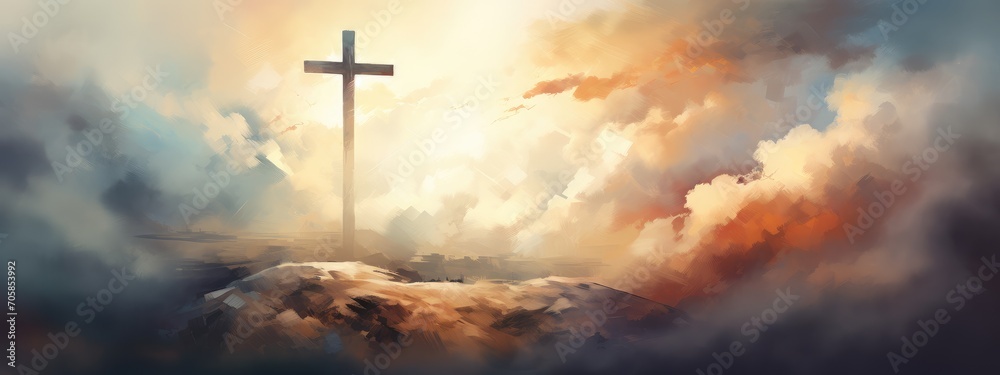 Vibrant Expression of Faith: A Digital Artistic Rendition of the Cross at Sunset - Generative AI Vibrant Expression of Faith: A Digital Artistic Rendition of the Cross at Sunset - Generative AI