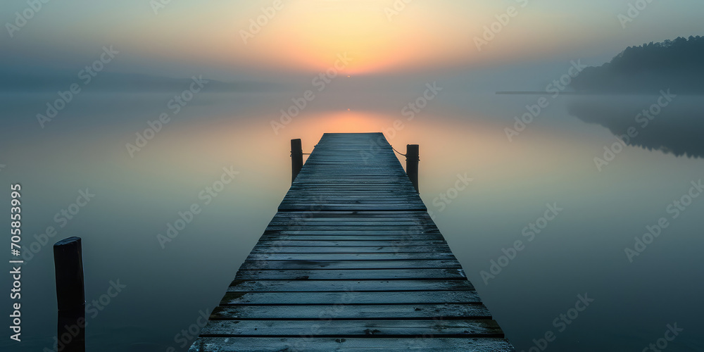 Straight flat simplistic rectangular lake dock, beautiful sunrise, foggy, calm water. Nature relax evening wallpaper. - obrazy, fototapety, plakaty 