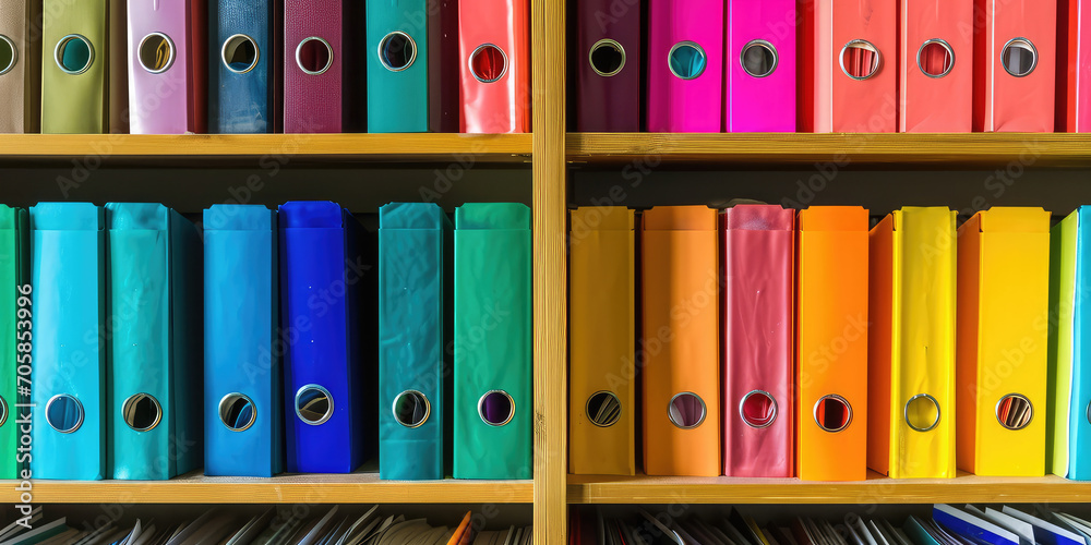 Closeup Bookshelf with colorful rainbow folders. Wallpaper with straight view of open bookcase. Modern interior design backdrop. Closeup Bookshelf with colorful rainbow folders. Wallpaper with straight view of open bookcase. Modern interior design backdrop.