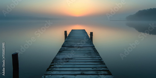 Straight flat simplistic rectangular lake dock, beautiful sunrise, foggy, calm water. Nature relax evening wallpaper.