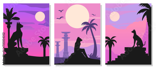 Set of vertical posters with silhouette of Egyptian cat  Anubis sitting on Ancient temple ruin. Moon  columns  palm tree background. Violet  pink colors vector illustration. Retro style home printing.