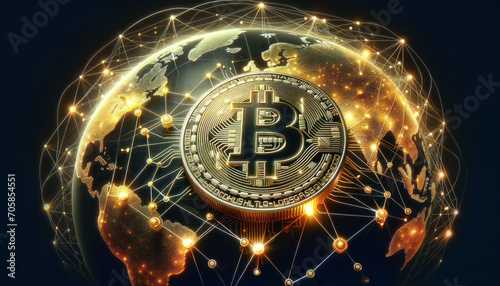 Bitcoin blockchain network around the world, global, digital currency, peer to peer, node concept, miner, cryptocurrency, decentralized finance, generative ai