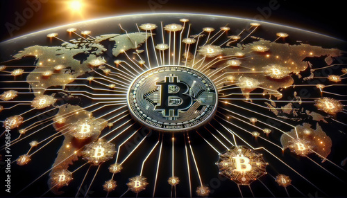 Bitcoin blockchain network around the world, global, digital currency, peer to peer, node concept, miner, cryptocurrency, decentralized finance, generative ai