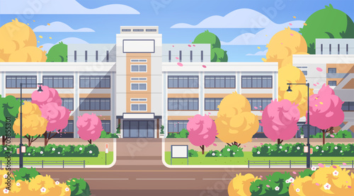 Exterior of modern elementary or high school. Cartoon educational building facade outdoor illustration