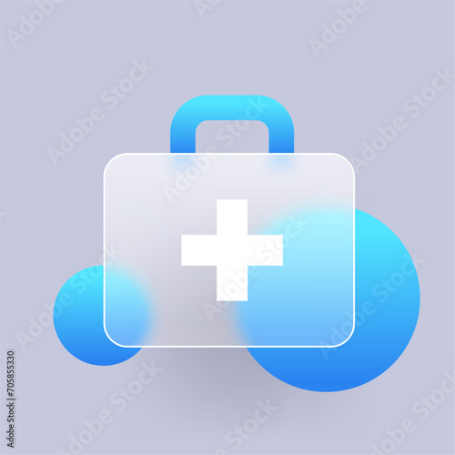 Glass icon of Paramedic medicine box. Ambulance suitcase glass morphism vector symbol.