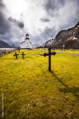 Church and cemetery on Gimsoysand island , Lofoten islands , Norway