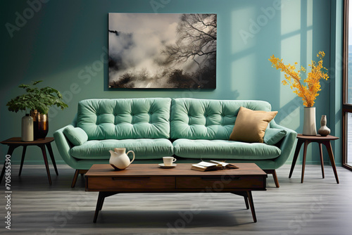 Embrace the freshness of a mint-colored sofa and coordinating table, enhancing the living space against an empty frame poised for your unique expression. © HASHMAT