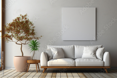Embrace the simplicity of design in your living room. Visualize an empty frame in a simple mockup, serving as a perfect starting point for your creative journey in a serene environment.