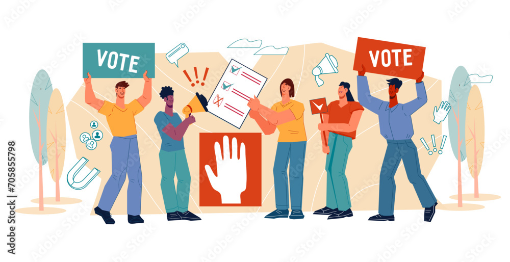 Fototapeta premium Voting and elections, democracy banner layout with human characters. People vote for equality and human rights in the democratic process, flat vector illustration isolated on white background.