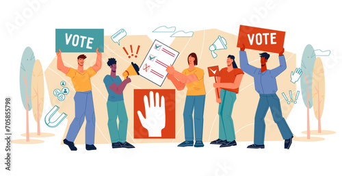 Voting and elections, democracy banner layout with human characters. People vote for equality and human rights in the democratic process, flat vector illustration isolated on white background.
