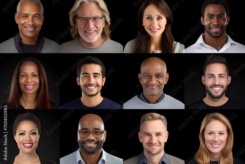 Grid image of diverse group of people of different ages and genders and ethnicities