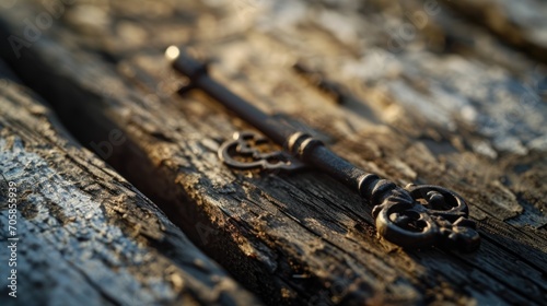 Antique key rests on an aged wooden surface evoking mystery and history.