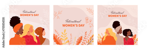 International Women's Day flyer. Banner for March 8 sale with floral decor and group of female character.  Flat vector illustration.  photo