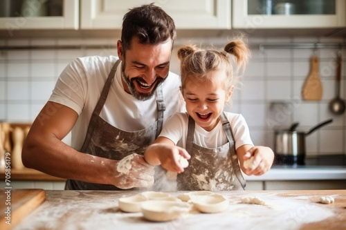 Happy father and daughter sharing a moment of joy in the family kitchen, preparing dough with flour, cooking together with complicity