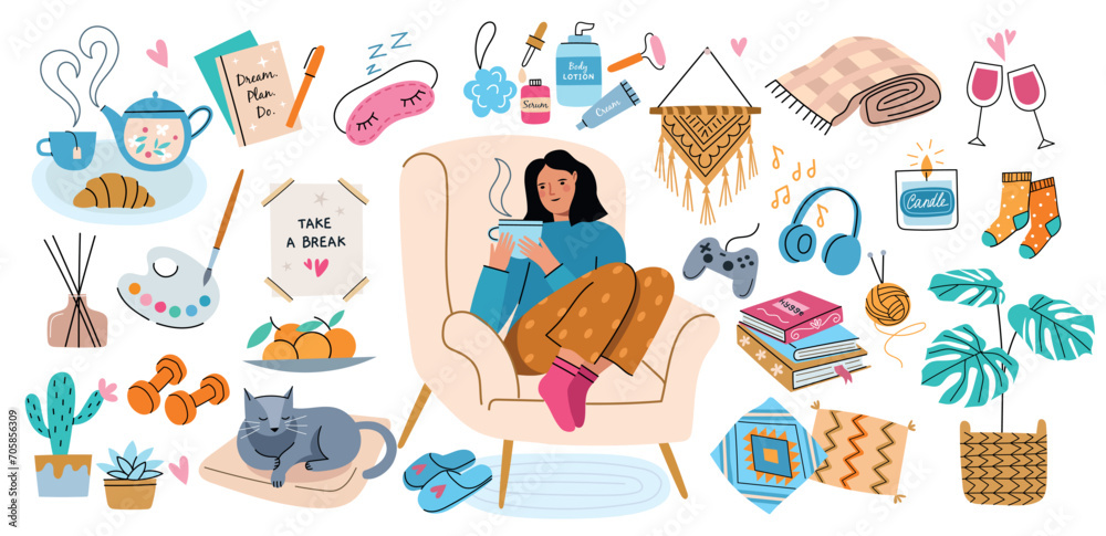 Cozy home elements. Relaxed young girl with hot tea cup in hands, lazy weekend, different interior objects, hobby accessories, vector set.eps