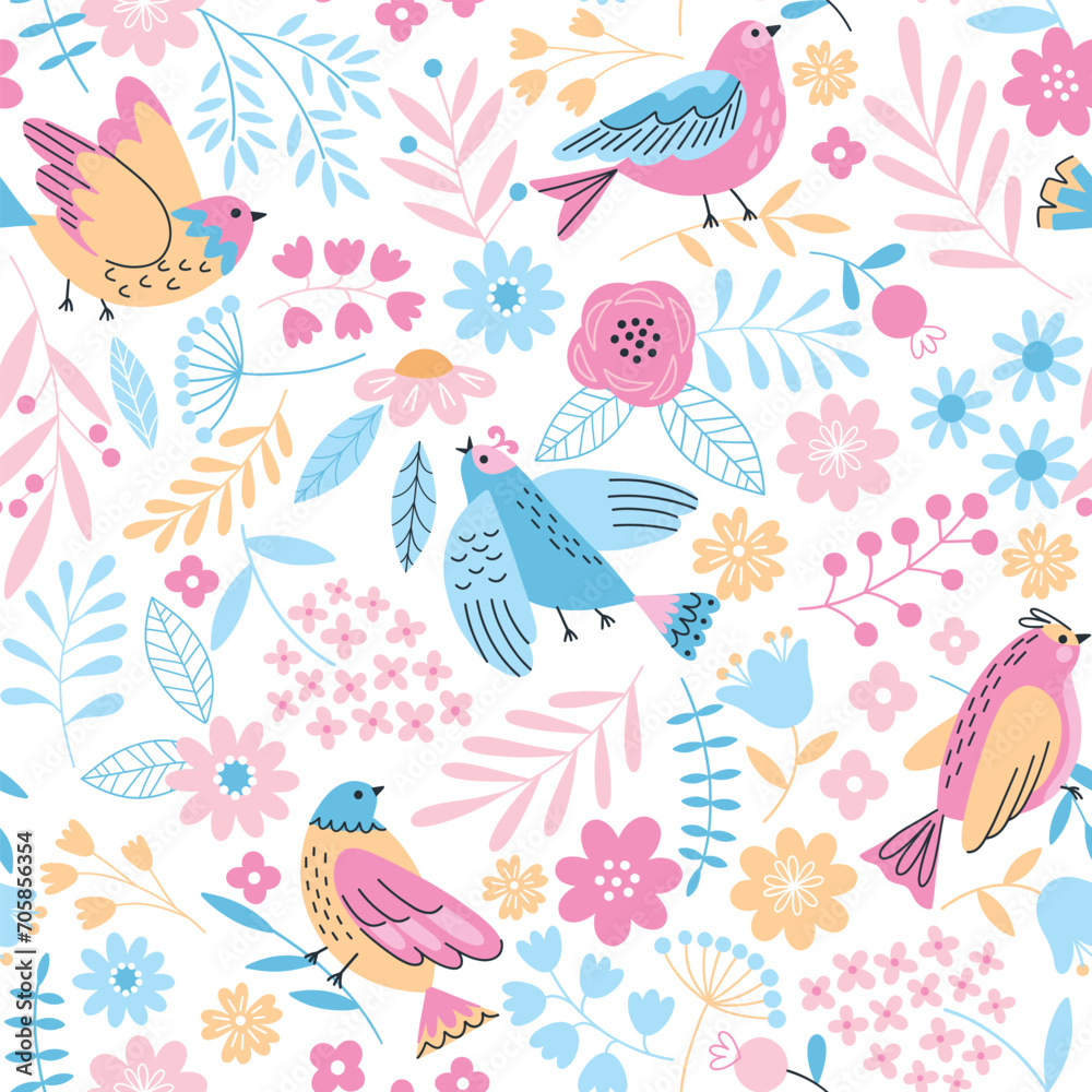 Cute little birds and beautiful flowers seamless pattern. Repeated decorative elements, nature creations, cartoon doodle style, vector print.eps Cute little birds and beautiful flowers seamless pattern. Repeated decorative elements, nature creations, cartoon doodle style, vector print.eps