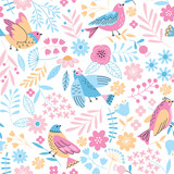 Cute little birds and beautiful flowers seamless pattern. Repeated decorative elements, nature creations, cartoon doodle style, vector print.eps