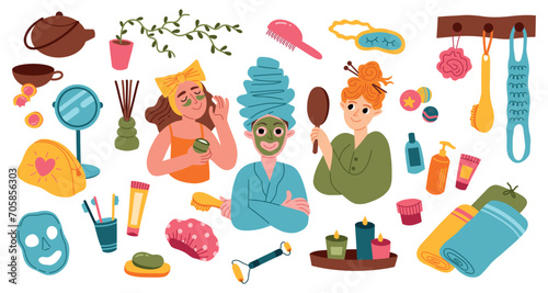 Cosmetic and skin care elements. Home spa accessories, girls put masks on faces, aromatherapy and relax products, creams, soaps, vector set.eps