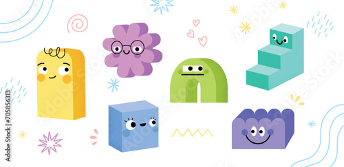 Colorful geometric shapes. 3D volumetric forms, figures with positive emotions, cartoon funny characters, kids education concept, vector set.eps