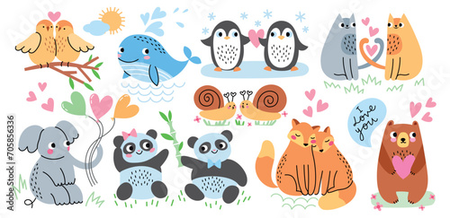 Fototapeta Naklejka Na Ścianę i Meble -  Cute loving animals. Happy valentines day cartoon fauna characters, funny couples in love, pandas, birds and foxes with hearts, vector set.eps