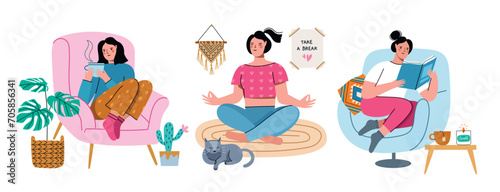 Cute young girl relaxes. Women in comfortable young with hot tea cup, book, cat, meditational lotus position, cozy home time, vector set.eps photo