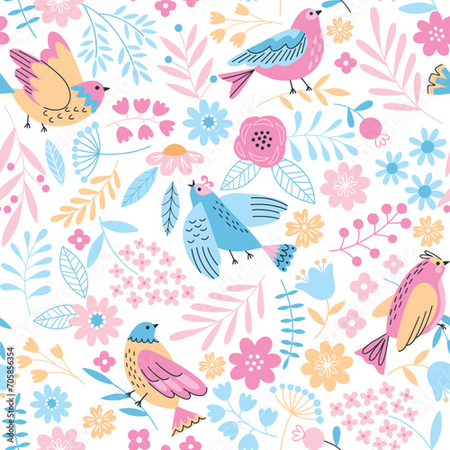 Cute little birds and beautiful flowers seamless pattern. Repeated decorative elements  nature creations  cartoon doodle style  vector print.eps