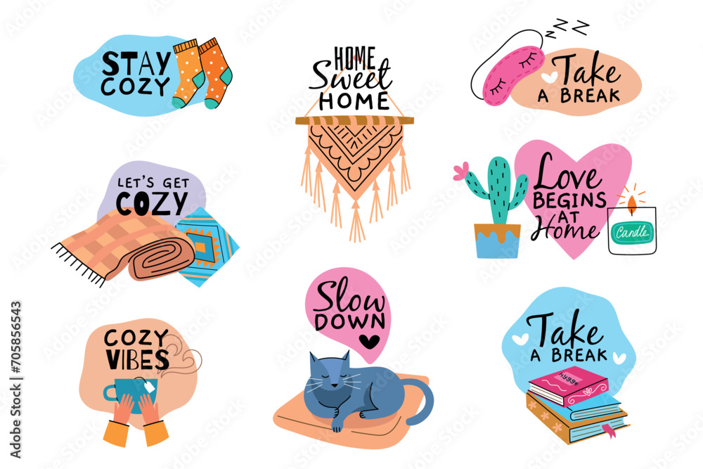Sweet home cute stickers. Cozy lovely elements with cute texts, diary labels, hygge quotes, sleeping cat, interior decorations, vector set.eps Sweet home cute stickers. Cozy lovely elements with cute texts, diary labels, hygge quotes, sleeping cat, interior decorations, vector set.eps