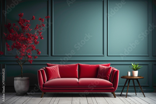 Envision a tranquil space featuring a red sofa and a suitable table, set against an empty blank frame, creating a perfect canvas for your text.