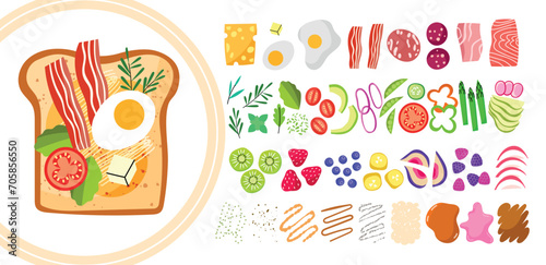 Tasty sandwich constructor. Various edible ingredients, salty and sweet foods, toppings types, meat and vegetables, top view, vector set.eps