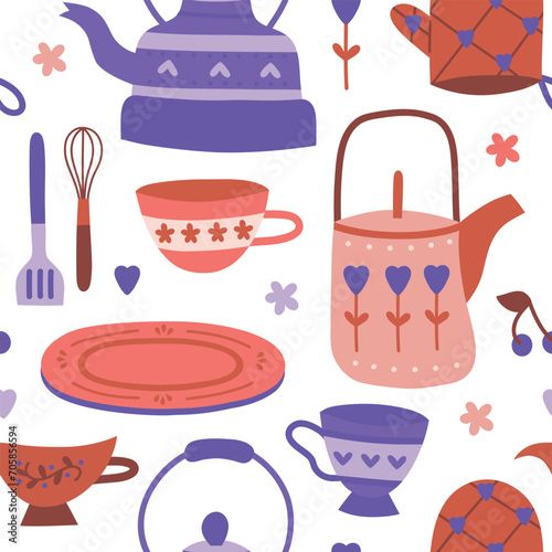 Tableware pottery seamless pattern. beautiful rustic items, kitchen decorative crockery, trendy ceramics, teapot, cup, dish, vector backdrop.eps