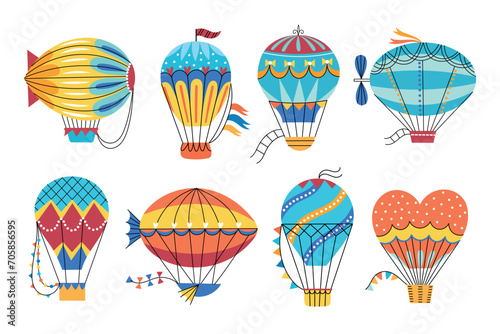 Vintage hot air balloons and airships. Different shapes vintage sky travel objects, color decorative aerostatic retro transport, vector set.eps photo