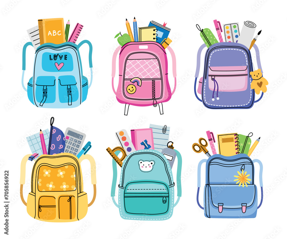 Cartoon kids backpacks and school supplies. colorful stationery sticking out of buttoned shoulder bags, students accessories, vector set.eps Cartoon kids backpacks and school supplies. colorful stationery sticking out of buttoned shoulder bags, students accessories, vector set.eps