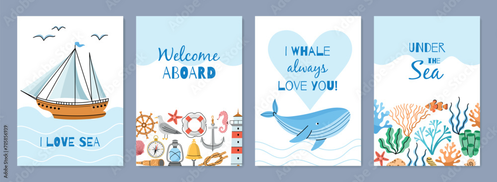 Cartoon sea and ocean elements cards. Cute kids text posters, underwater and coastal nautical elements, funny animals and algae, vector set.eps