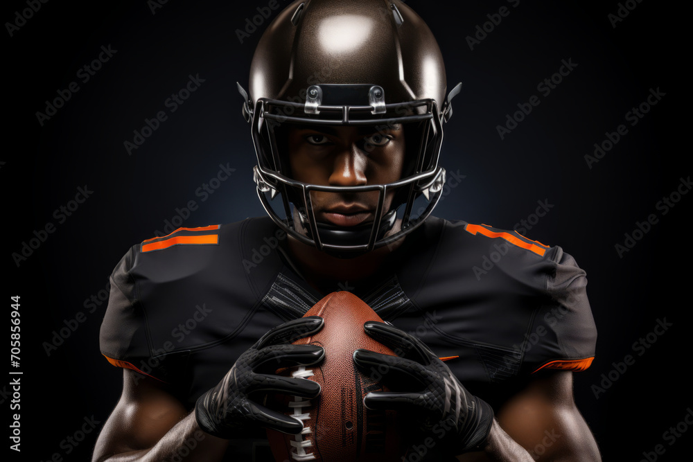 Portrait of an American football player posing with a ball on a black background. A young black American football player in black gear on a dark background .The concept of the Super Bowl