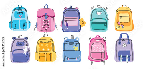 Cartoon kids backpacks. Colorful school bags for textbooks and stationery, college students accessories, funny childish elements, vector set.eps