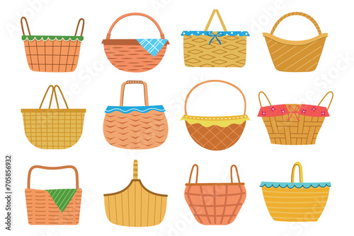 Cartoon wicker baskets. Picnic panniers different types, shapes, empty containers made of twigs, wooden decorative handicrafts, vector set.eps