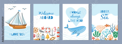 Cartoon sea and ocean elements cards. Cute kids text posters, underwater and coastal nautical elements, funny animals and algae, vector set.eps