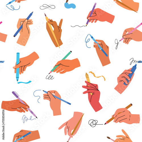  Cartoon writing and drawing hands. Human arms with different office supplies, pencils, brushes and calligraphy pen, vector seamless pattern.eps